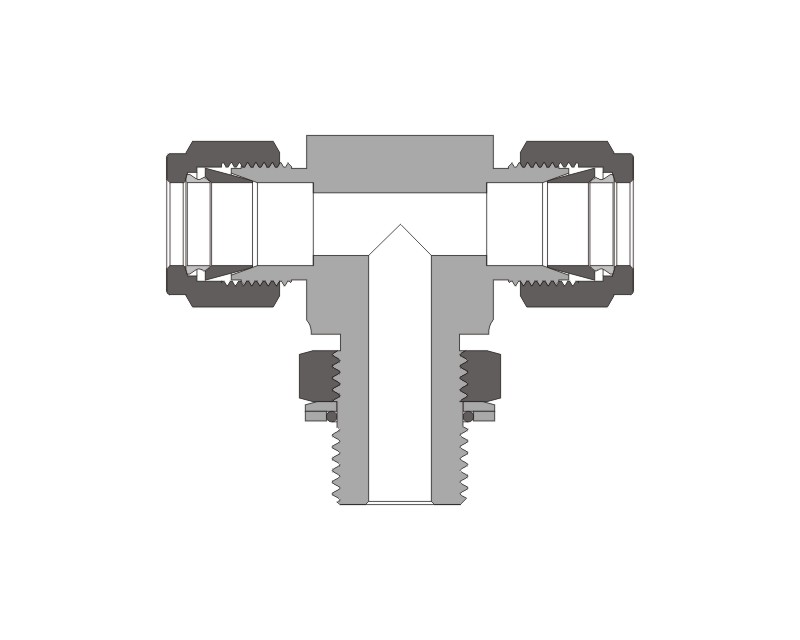 Positionable Male Branch Tee, 316SS, 3/4in. x 3/4in. Tube OD, 2-Ferrule x Branch 1 1/16-12 SAE/MS Straight Thread